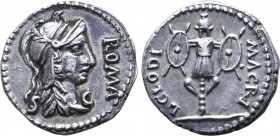 Clodius Macer AR Denarius. Carthage(?), April - October(?) AD 68. Helmeted head of Roma to right; ROMA before, S-C across fields / L CLODI MACRI, trop...