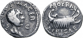 Clodius Macer AR Denarius. Carthage(?), April - October(?) AD 68. L CLODIVS • MACER , bare head to right; S-C across fields / PROPRAE AFRICAE, galley ...