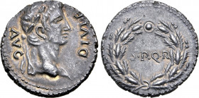 Civil War, Vindex AR Denarius. Uncertain mint in Gaul, AD 68. AVG DIVI•F, laureate head of the deified Augustus to right / S•P•Q•R within oak wreath, ...