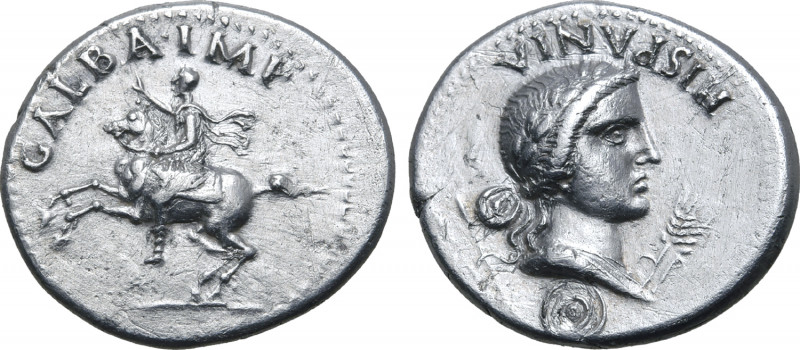 Galba AR Denarius. Spanish mint (Tarraco?), AD 68. GALBA IMP, Emperor, bare-head...