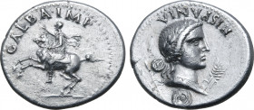 Galba AR Denarius. Spanish mint (Tarraco?), AD 68. GALBA IMP, Emperor, bare-headed, riding to left, hand raised / HISPANIA, laureate and draped bust o...