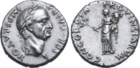 Galba AR Denarius. Uncertain mint in Spain or southern Gaul, AD 68. SER•GALBA IMPERATOR, laureate head to right / CONCORDIA PROVINCIARVM, Concordia st...
