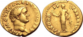 Otho AV Aureus. Rome, AD 69. IMP M OTHO CAESAR AVG TR P, bare head to right / PAX ORBIS TERRARVM, Pax, draped, standing to left, holding olive branch ...