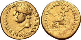 Vitellius AV Aureus. Tarraco, January - June AD 69. A VITELLIVS IMP GERMANICVS, laureate head to left, globe at point of bust / CLEMENTIA IMP GERMAN, ...