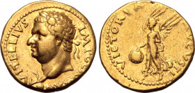 Vitellius AV Aureus. Tarraco, January - June AD 69. A VITELLIVS IMP GERMAN, laureate head to left, small globe at point of bust, palm branch at point ...