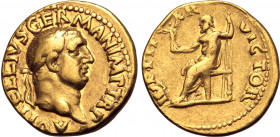 Vitellius AV Aureus. Rome, late April - 20 December AD 69. A VITELLIVS GERMAN IMP TR P, laureate head to right / IVPPITER VICTOR, Jupiter seated to le...