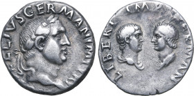 Vitellius AR Denarius. Rome, AD 69. [A VIT]ELLIUS GERMAN IMP TR P, laureate head to right / LIBERI IMP GERMAN, confronted busts of Vitellius Germanicu...