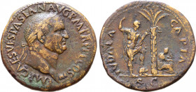 Vespasian Æ Sestertius. Rome, AD 71. IMP CAES VESPASIAN AVG P M TR P P P COS III, laureate head to right / IVDAEA CAPTA, palm tree; to left, Vespasian...