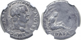 Vespasian AR Denarius. Lugdunum, AD 71. IMP CAESAR VESPASIANVS AVG TR P, laureate head to right / Judaea, veiled, with hands tied behind back, seated ...