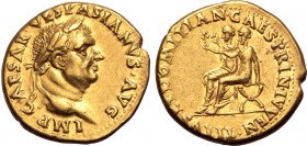 Vespasian AV Aureus. Lugdunum, AD 71. IMP CAESAR VESPASIANVS AVG, laureate head to right / TITVS ET DOMITIAN CAES PRIN IVVEN, Titus and Domitian seate...