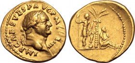 Vespasian AV Aureus. Rome, AD 72-73. IMP CAES VESP AVG P M COS IIII, laureate head to right / Judaea seated to right, leaning against palm tree; emper...