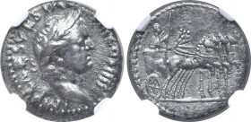 Vespasian AR Denarius. Antioch, AD 72-73. IMP CAES VESP A[VG P M] COS IIII, laureate head to right / Emperor driving slow quadriga to right, holding b...