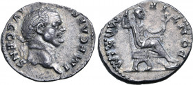 Vespasian AR Denarius. Rome, AD 73. IMP CAES [VESP] AVG CENS, laureate head to right / PONTIF MAXIM, Emperor seated to right on curule chair, holding ...