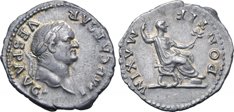 Vespasian AR Denarius. Rome, AD 74. IMP CAESAR VESP AVG, laureate head to right ...