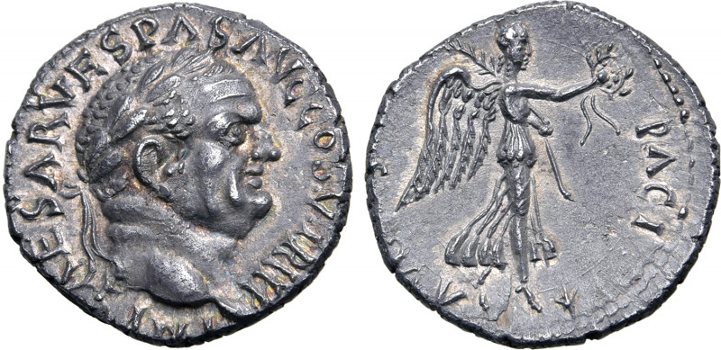 Vespasian AR Denarius. Ephesus, AD 74. IMP CAESAR VESPAS AVG COS V TR P P P, lau...