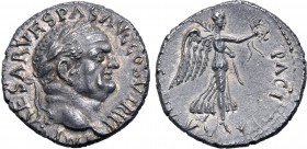 Vespasian AR Denarius. Ephesus, AD 74. IMP CAESAR VESPAS AVG COS V TR P P P, laureate head to right / PACI AVG[VSTAE], Victory standing to right, hold...