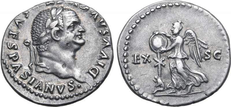 Divus Vespasian AR Denarius. Rome, AD 80-81. DIVVS AVG[VSTV]S VESPASIANVS•, laur...