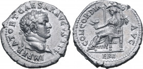 Titus, as Caesar, AR Denarius. Ephesus, AD 71. IMPERATOR T CAESAR AVGVSTI•F, laureate head to right / CONCORDIA AVG, Ceres enthroned to left, holding ...