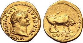 Titus, as Caesar, AV Aureus. Rome, AD 75. T CAESAR IMP VESPASIAN, laureate head to right / Bull butting to right; COS IIII in exergue. RIC II.1 780 (V...