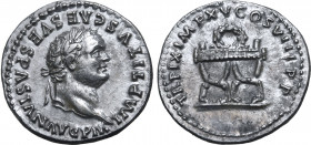 Titus AR Denarius. Rome, AD 80. IMP TITVS CAES VESPASIAN AVG P M, laureate head to right / TR P IX IMP XV COS VIII P P, pulvinar (throne) of Mars and ...