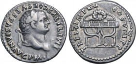 Titus AR Denarius. Rome, AD 80. IMP TITVS CAES VESPASIAN AVG P M•, laureate head to right / TR P IX IMP XV COS VIII P P, pulvinar (throne) of Mars and...
