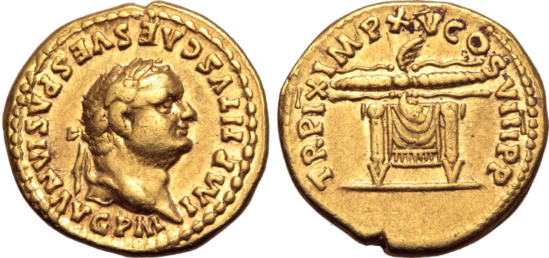 Titus AV Aureus. Rome, AD 80. IMP TITVS CAES VESPASIAN AVG P M, laureate head to...