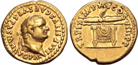 Titus AV Aureus. Rome, AD 80. IMP TITVS CAES VESPASIAN AVG P M, laureate head to right / TR P IX IMP XV COS VIII P P, draped seat, winged thunderbolt ...