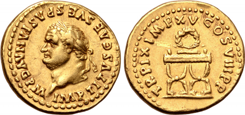 Titus AV Aureus. Rome, AD 80. IMP TITVS CAES VESPASIAN AVG P M, laureate head to...