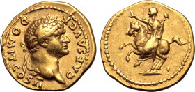 Domitian, as Caesar, AV Aureus. Rome, AD 73. CAES AVG F DOMIT COS II, laureate head to right / Prince riding to left, holding sceptre in left hand and...