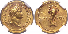 Domitian, as Caesar, AV Aureus. Rome, AD 76-77. CAESAR AVG F DOMITIANVS, laureate head to right / Cornucopiae with ribbons hanging down each side; COS...