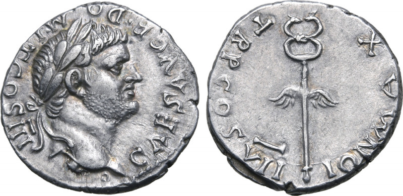 Domitian, as Caesar, AR Denarius. Ephesus(?), AD 76. CAES AVG F DOMIT COS III, l...