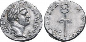 Domitian, as Caesar, AR Denarius. Ephesus(?), AD 76. CAES AVG F DOMIT COS III, laureate head to right; o below bust / PON MAX TR P COS VII, winged cad...