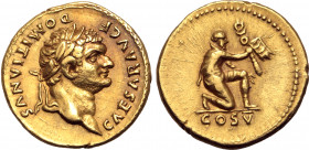 Domitian, as Caesar, AV Aureus. Rome, AD 77-78. CAESAR AVG F DOMITIANVS, laureate head to right / Parthian captive kneeling to right, offering up stan...