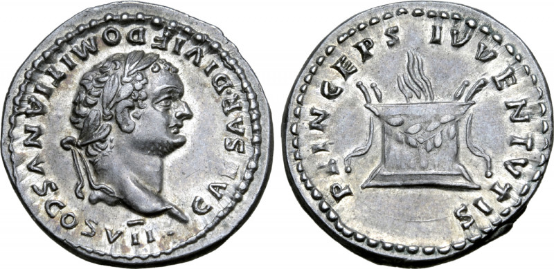 Domitian, as Caesar, AR Denarius. Rome, AD 80-81. CAESAR DIVI F DOMITIANVS COS V...
