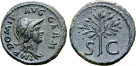Domitian Æ Quadrans. Rome, AD 84-85. IMP DOMIT AVG GERM, helmeted and draped bust of Minerva to right / Olive branch; S-C across fields. RIC II.1 241;...