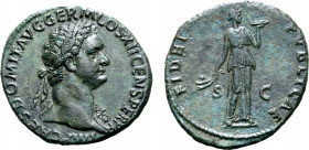 Domitian Æ As. Rome, AD 86. IMP CAES DOMIT AVG GERM COS XII CENS PER P P, laureate head to right, aegis on far shoulder / FIDEI PVBLICAE, Fides standi...