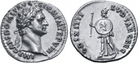 Domitian AR Denarius. Rome, AD 88. IMP CAES DOMIT AVG GERM P M TR P VIII, laureate head to right / COS XIIII LVD SAEC FEC, herald advancing to left wi...