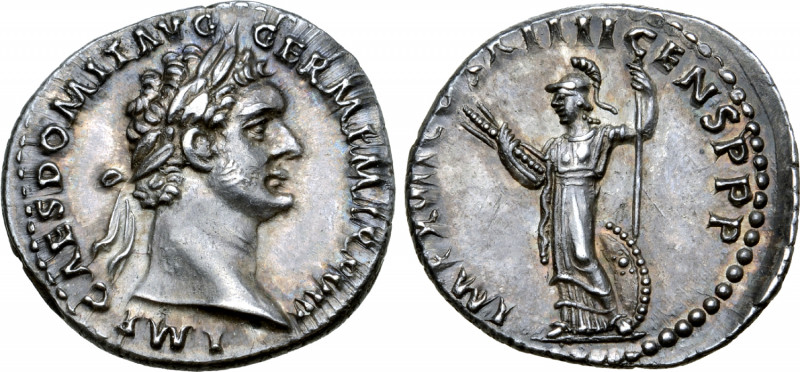 Domitian AR Denarius. Rome, AD 88-89. IMP CAES DOMIT AVG GERM P M TR P VIII, lau...