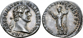Domitian AR Denarius. Rome, AD 88-89. IMP CAES DOMIT AVG GERM P M TR P VIII, laureate head to right / IMP XVII COS XIIII CENS P P P, Minerva standing ...