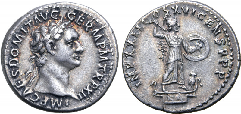 Domitian AR Denarius. Rome, AD 92-93. IMP CAES DOMIT AVG GERM P M TR P XII, laur...