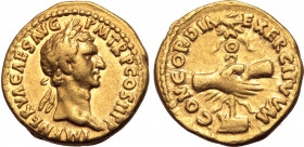 Nerva AV Aureus. Rome, AD 96. IMP NERVA CAES AVG P M TR P COS II P P, laureate head to right / CONCORDIA EXERCITVVM, clasped hands before aquila resti...