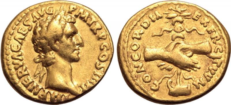 Nerva AV Aureus. Rome, AD 97. IMP NERVA CAES AVG P M TR P COS III P P, laureate ...