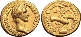 Nerva AV Aureus. Rome, AD 97. IMP NERVA CAES AVG P M TR P COS III P P, laureate head to right / CONCORDIA EXERCITVVM, clasped hands before aquila set ...