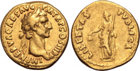 Nerva AV Aureus. Rome, AD 97. IMP NERVA CAES AVG P M TR P COS III P P, laureate head to right / LIBERTAS PVBLICA, Libertas standing to left, holding p...