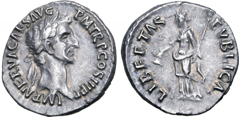 Nerva AR Denarius. Rome, AD 97. IMP NERVA CAES AVG P M TR P COS III P P, laureat...