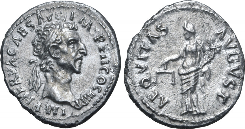 Nerva AR Denarius. Rome, AD 97. IMP NERVA CAES AVG P M TR P II COS III P P, laur...