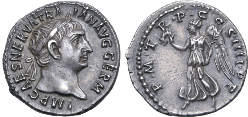 Trajan AR Denarius. Rome, AD 97-118. IMP CAES NERVA TRAIAN AVG GERM, laureate he...
