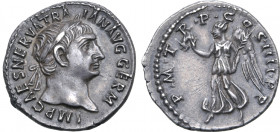 Trajan AR Denarius. Rome, AD 97-118. IMP CAES NERVA TRAIAN AVG GERM, laureate head to right / P•M•TR•P•COS•IIII•P•P, Victory walking to left, holding ...