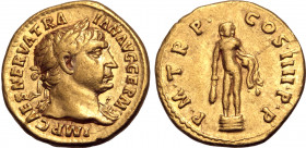 Trajan AV Aureus. Rome, AD 101-102. IMP CAES NERVA TRAIAN AVG GERM, laureate bust to right, aegis on far shoulder / P•M•TR P• COS•IIII•P•P, Hercules s...