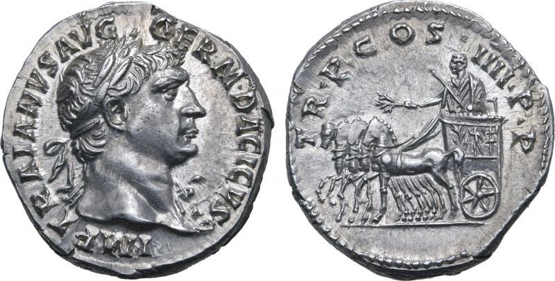 Trajan AR Denarius. Rome, AD 102. IMP TRAIANVS AVG GERM DACICVS, laureate head t...